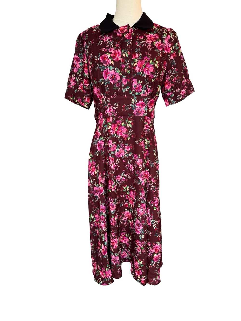 Alexia Admor Burgundy Floral Midi Dress with Black Collar Size 10